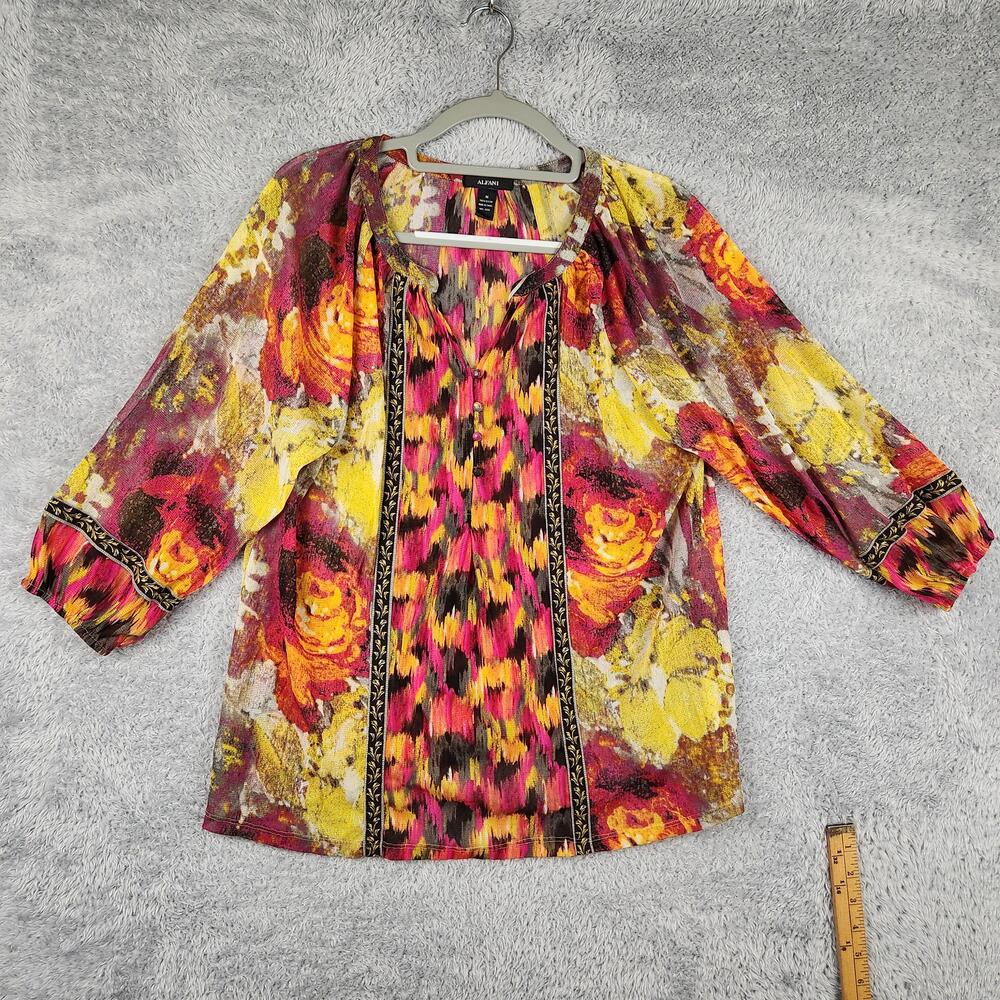 Vintage Alfani Blouse Womens Medium Multicolor Floral Sheer Boho Top Spring Y2k